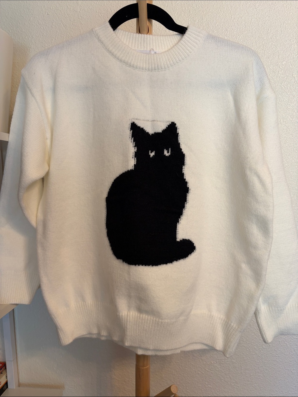 Japanese White Sweater with Black Cat Graphic